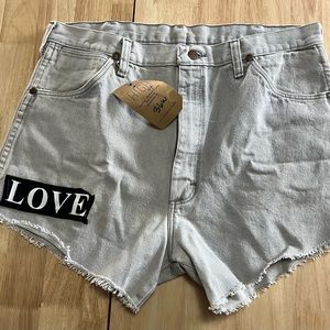 Wrangler Size 36 Reworked Mini Denim Frayed Shorts Retro Y2k Gray Patch Spring